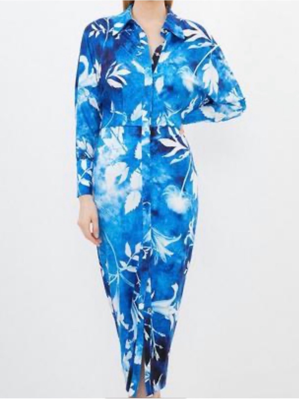 Karen Millen Blue Pressed Floral Maxi Shirt Dress XXL Jersey Crepe Blue NEW